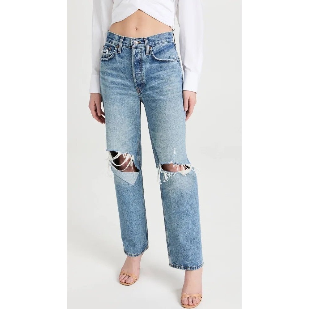 RE/DONE 90s Crop Low‎ Slung Jeans Medium Raf Blue Distressed Organic Cotton 26
